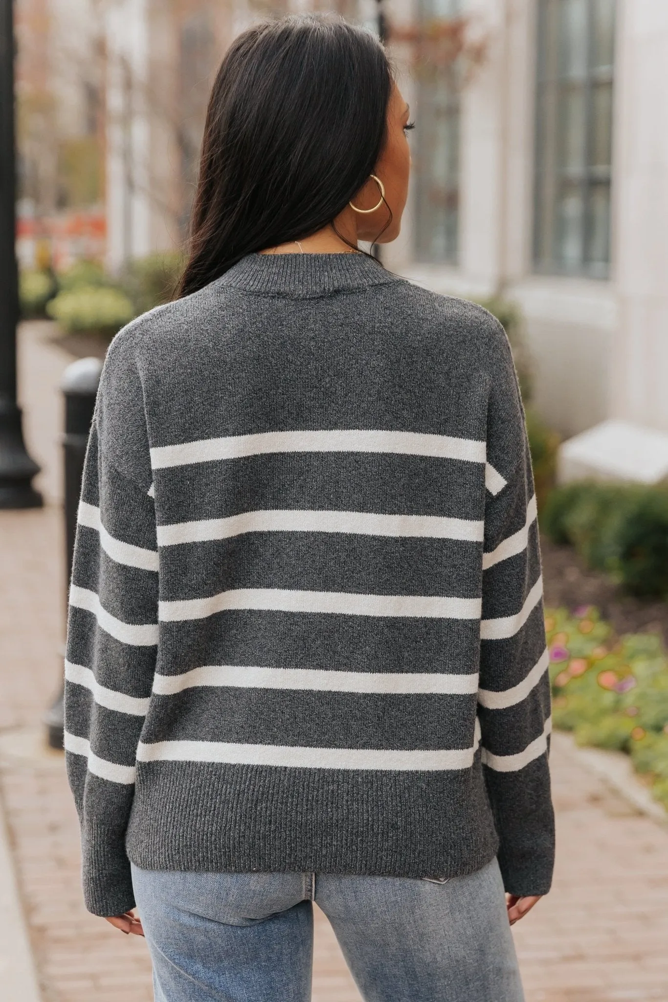 Charcoal and Cream Striped Pullover Sweater