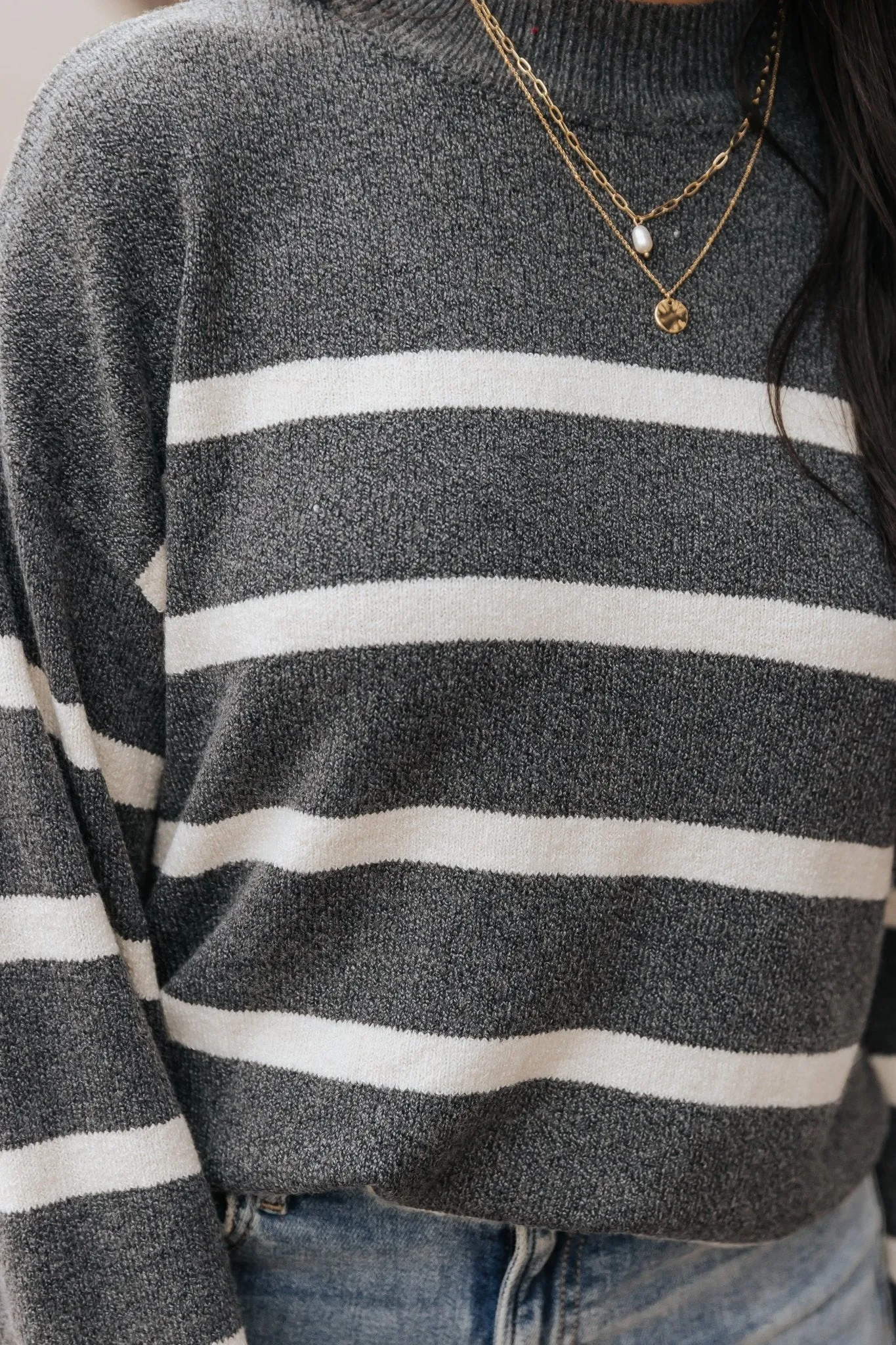 Charcoal and Cream Striped Pullover Sweater