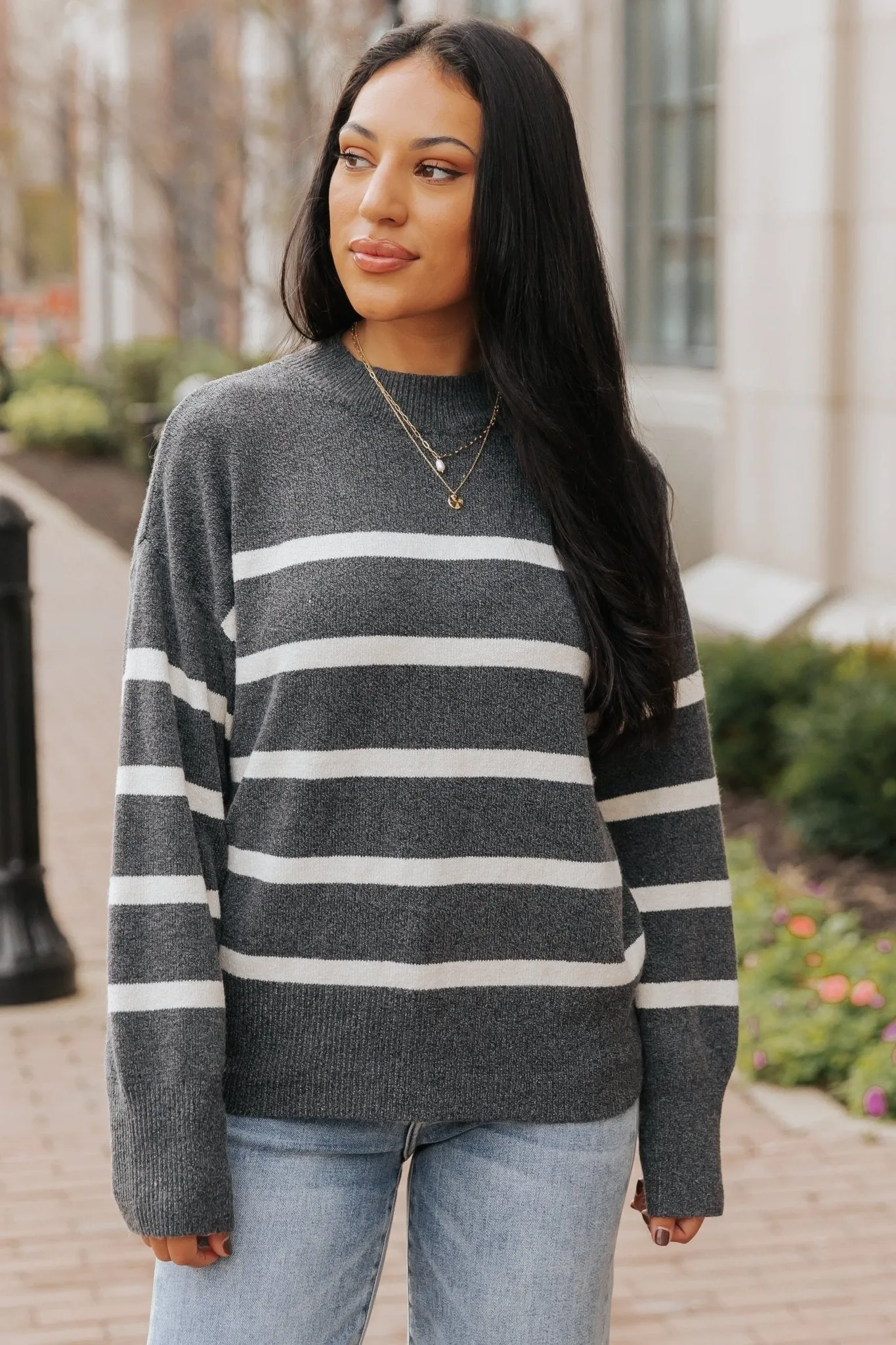 Charcoal and Cream Striped Pullover Sweater