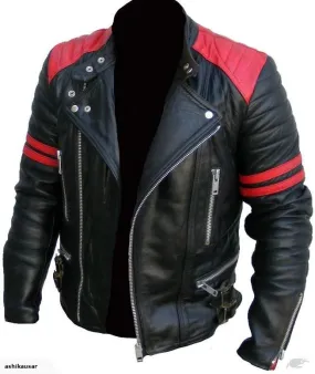 Classic Vintage Motorcycle Red Strip Black Leather Jacket