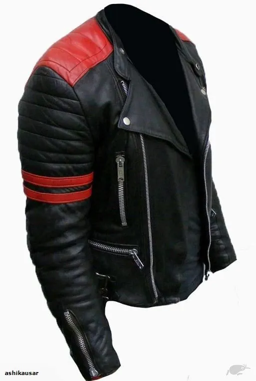 Classic Vintage Motorcycle Red Strip Black Leather Jacket