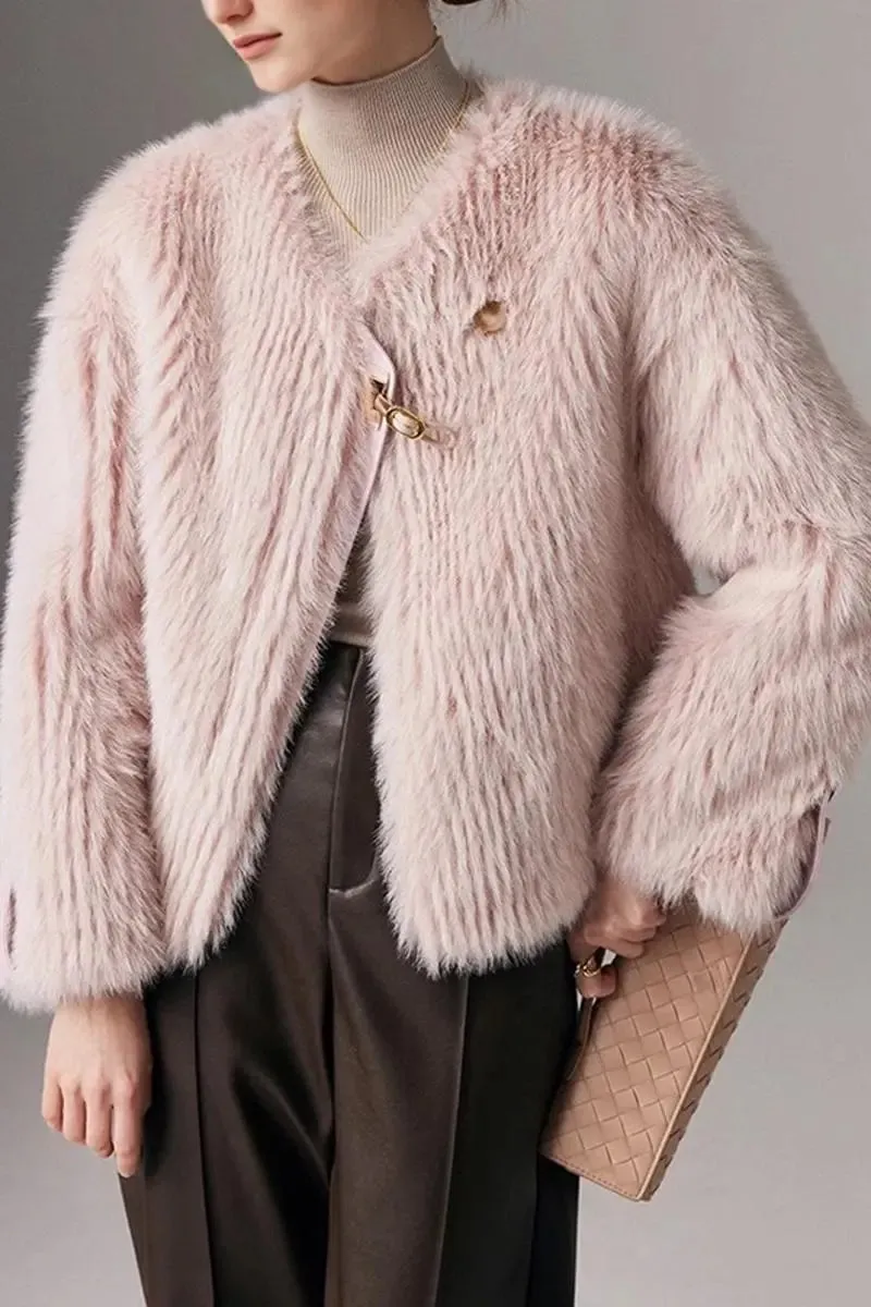 Collarless Faux Fox Fur Jacket