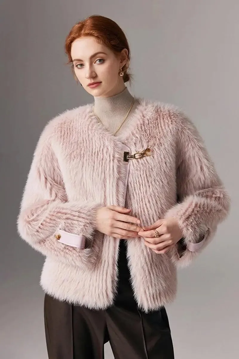 Collarless Faux Fox Fur Jacket