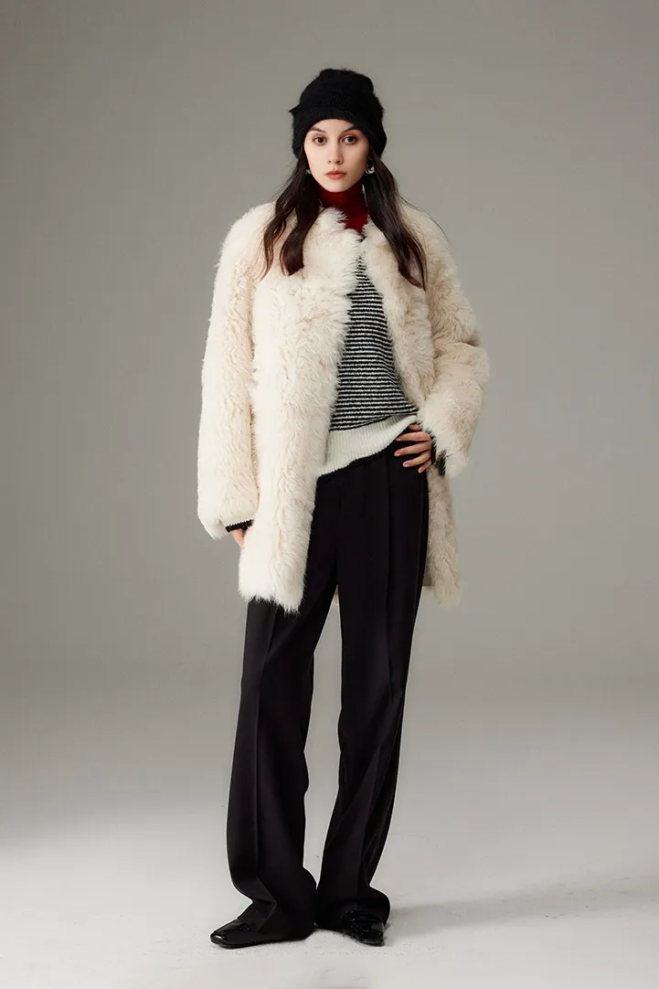 Collarless Mid-length Lambskin Lined Toscana Shearling Coat