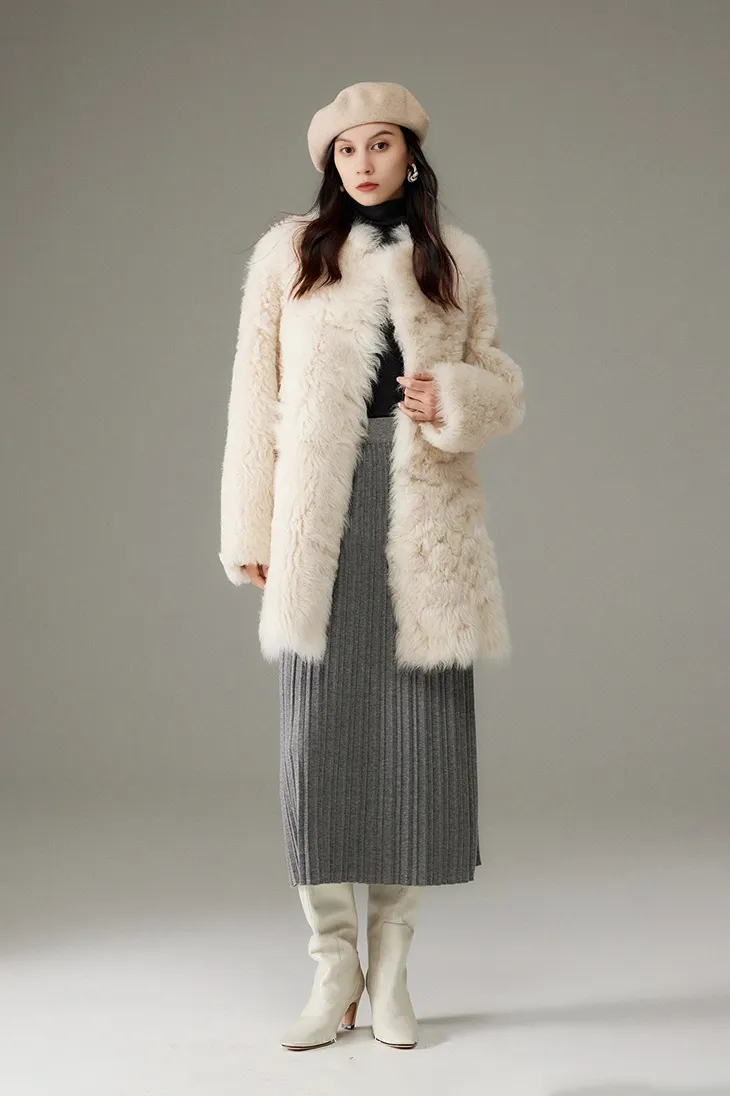 Collarless Mid-length Lambskin Lined Toscana Shearling Coat