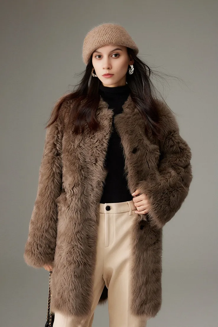 Collarless Mid-length Lambskin Lined Toscana Shearling Coat