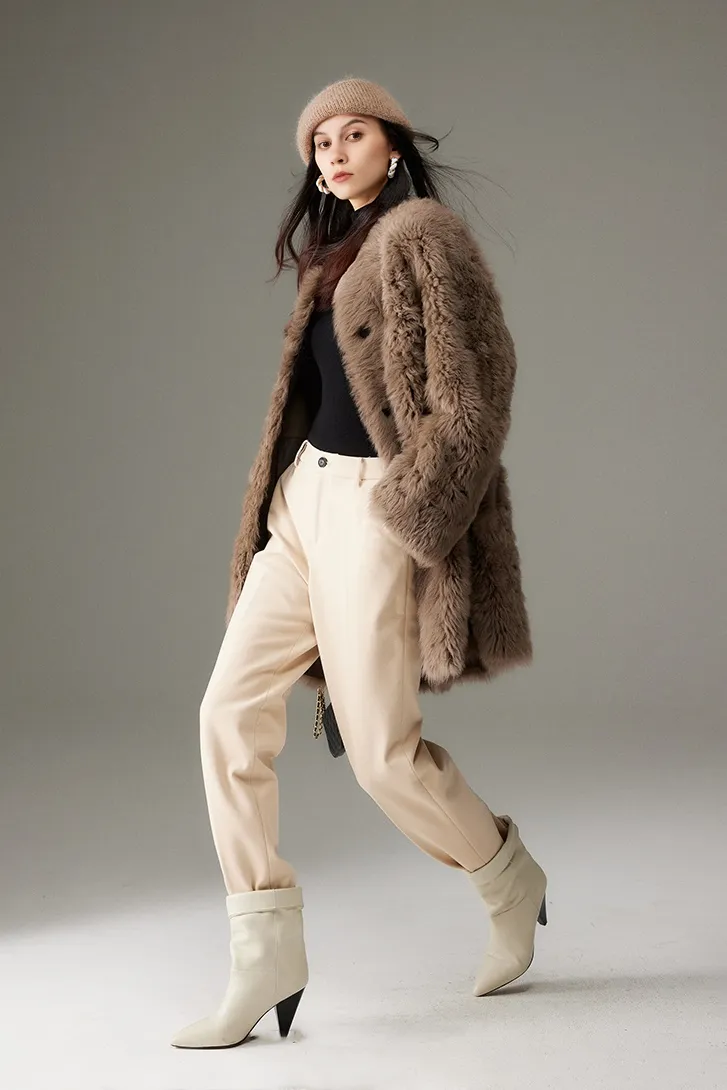 Collarless Mid-length Lambskin Lined Toscana Shearling Coat