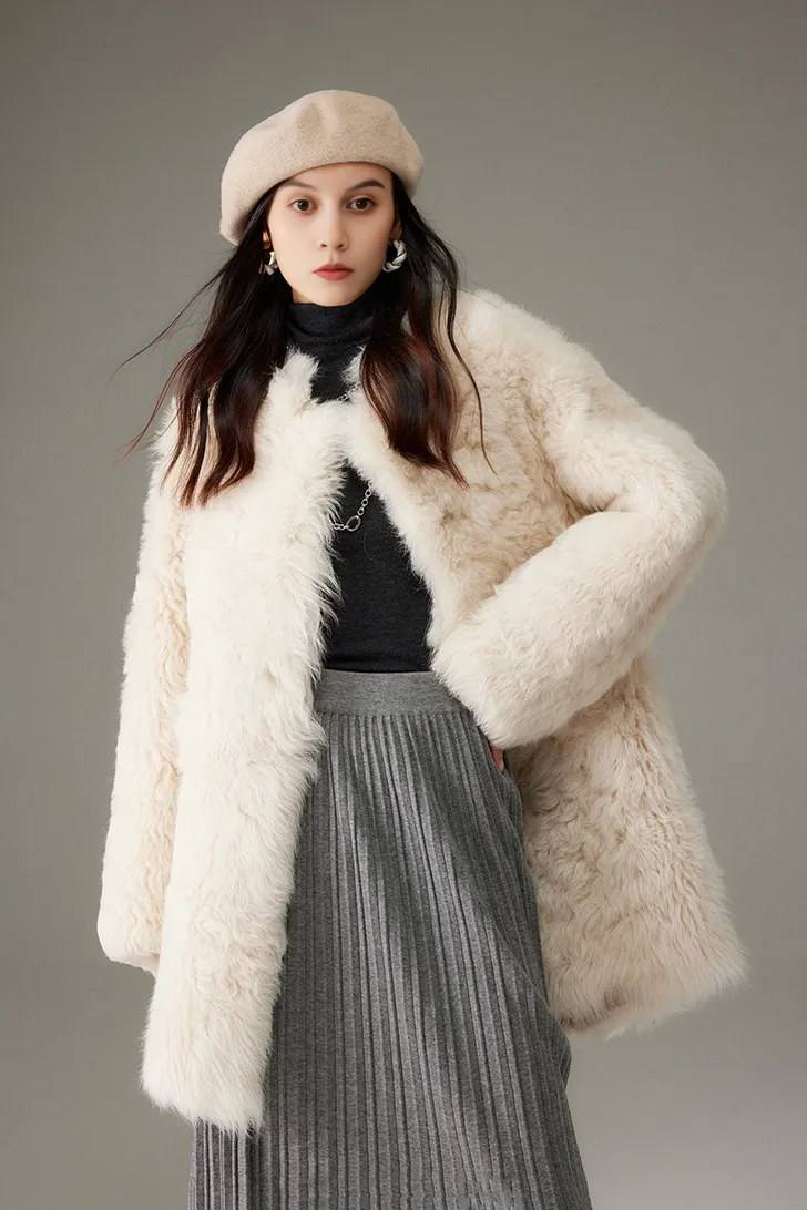 Collarless Mid-length Lambskin Lined Toscana Shearling Coat