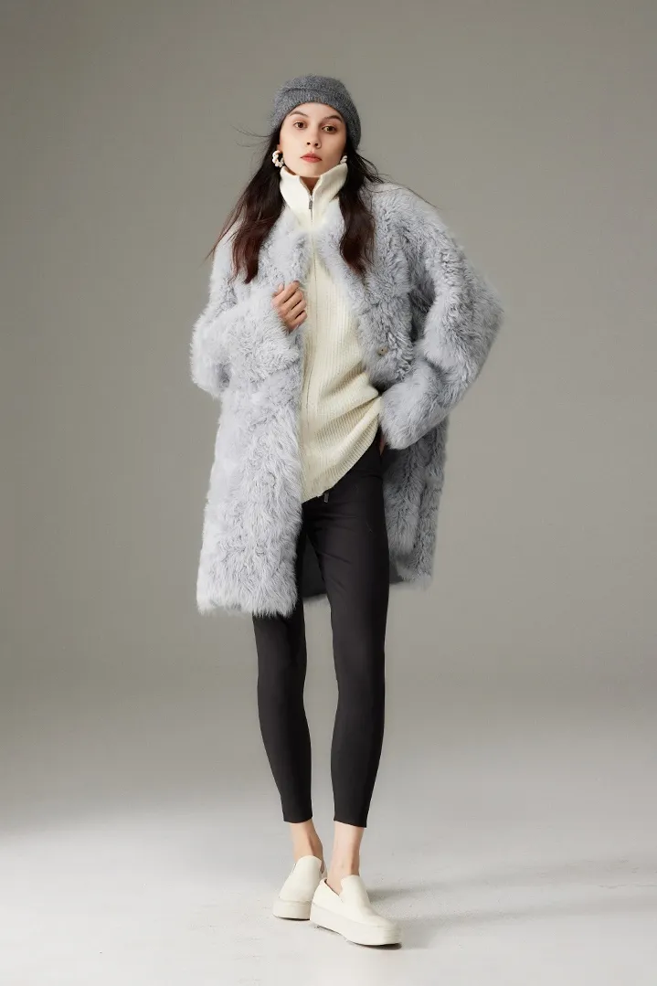 Collarless Mid-length Lambskin Lined Toscana Shearling Coat