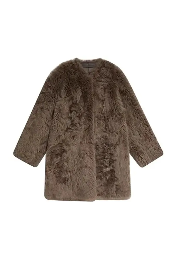 Collarless Mid-length Lambskin Lined Toscana Shearling Coat