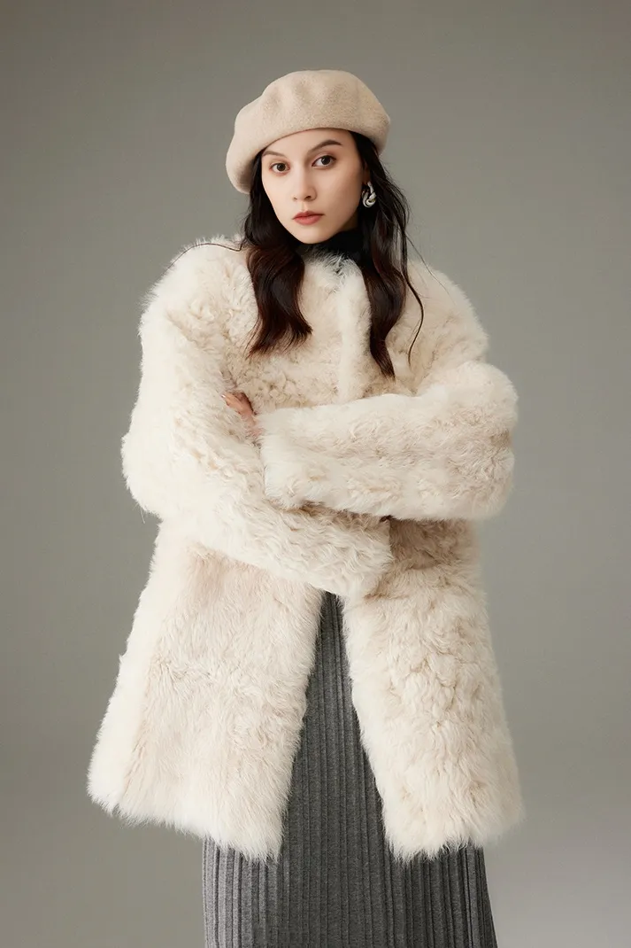 Collarless Mid-length Lambskin Lined Toscana Shearling Coat