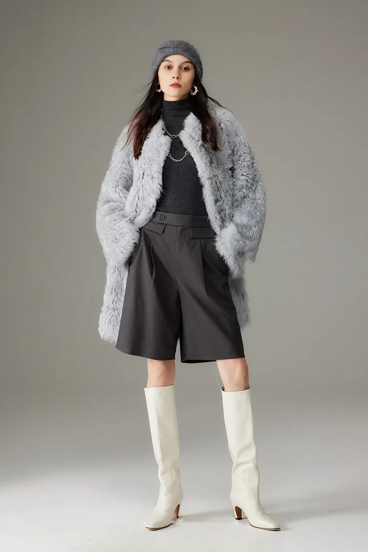 Collarless Mid-length Lambskin Lined Toscana Shearling Coat