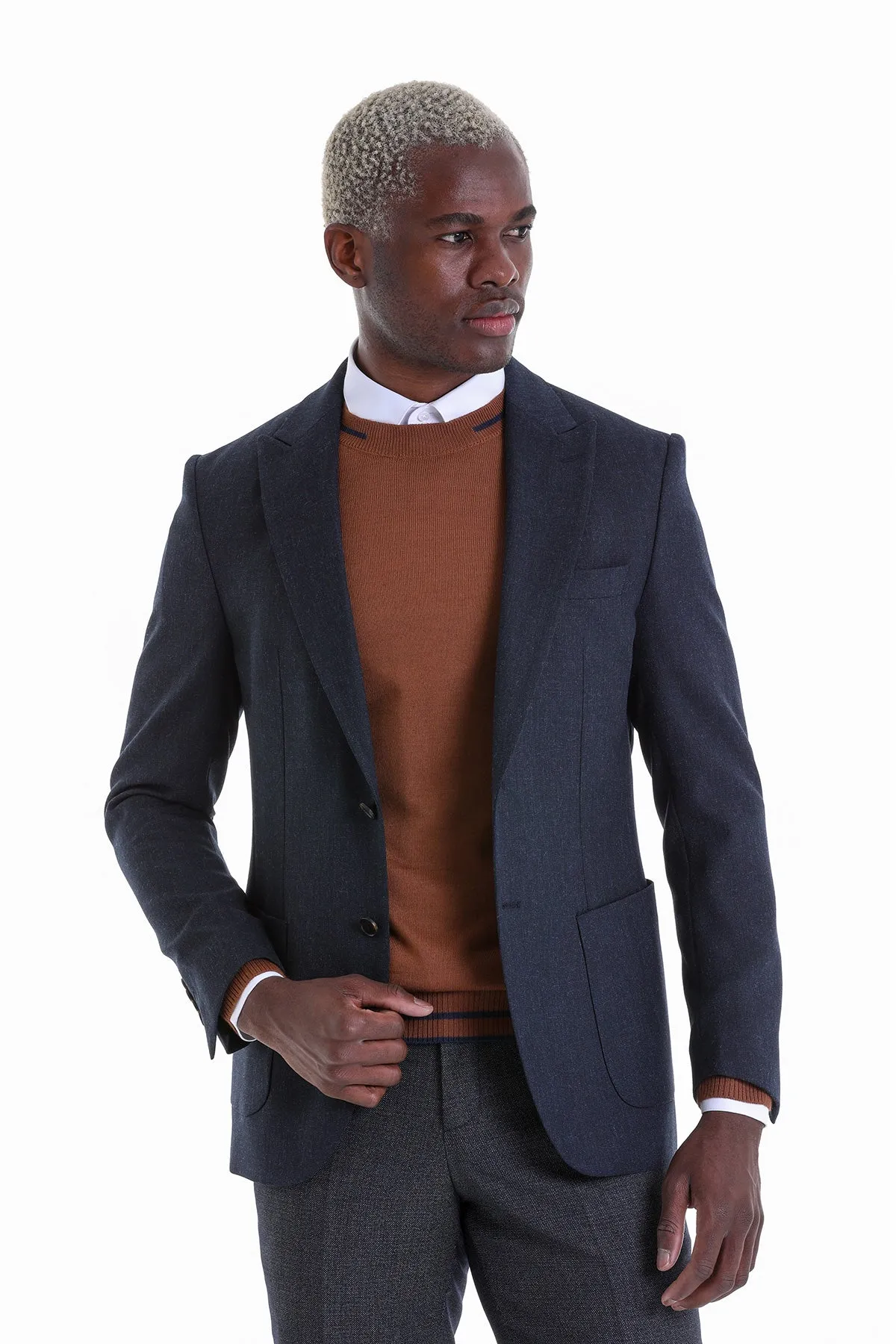 Comfort Fit Peak Lapel Navy Casual Blazer