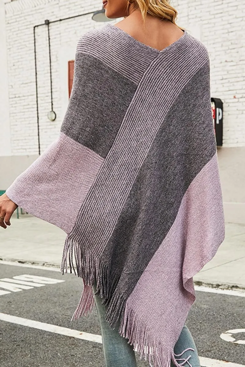 CONTRAST COLOR CLOAK SHAWL SWEATER COAT