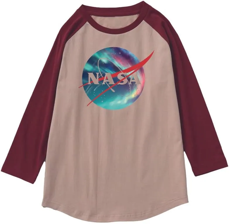 CORIRESHA Unisex NASA Logo Print Color Block 3/4 Raglan Sleeves Crew Neck Cozy Cotton T-Shirt