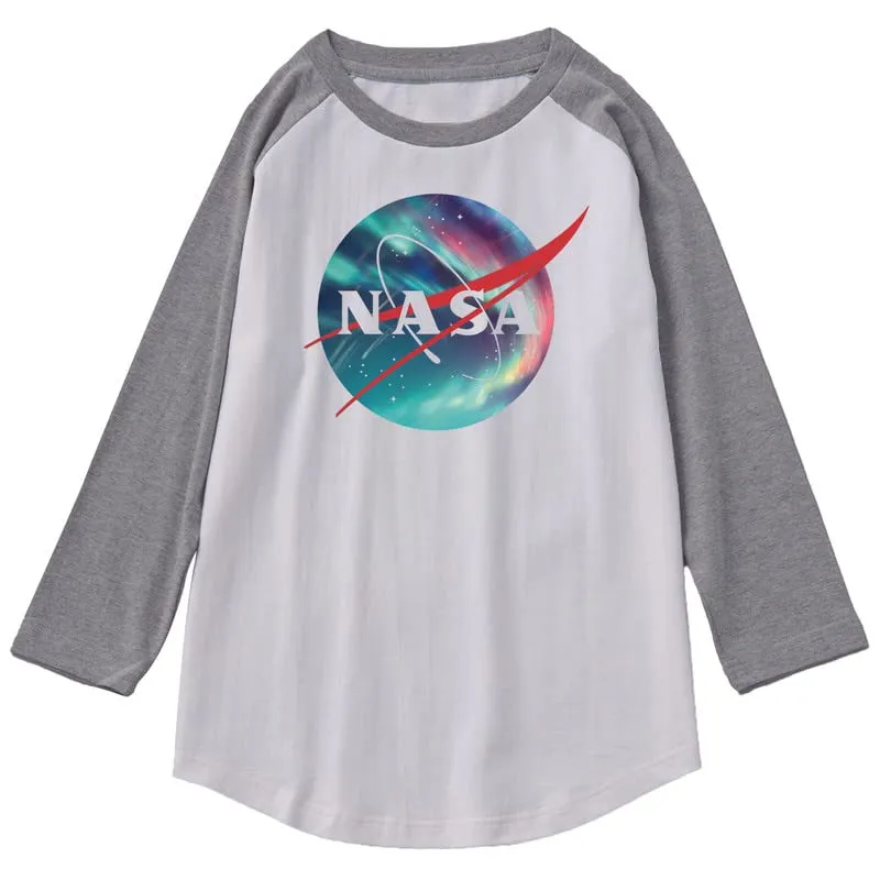 CORIRESHA Unisex NASA Logo Print Color Block 3/4 Raglan Sleeves Crew Neck Cozy Cotton T-Shirt