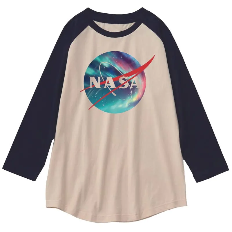 CORIRESHA Unisex NASA Logo Print Color Block 3/4 Raglan Sleeves Crew Neck Cozy Cotton T-Shirt