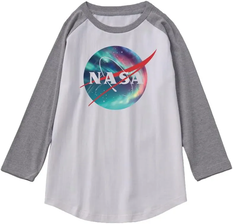 CORIRESHA Unisex NASA Logo Print Color Block 3/4 Raglan Sleeves Crew Neck Cozy Cotton T-Shirt