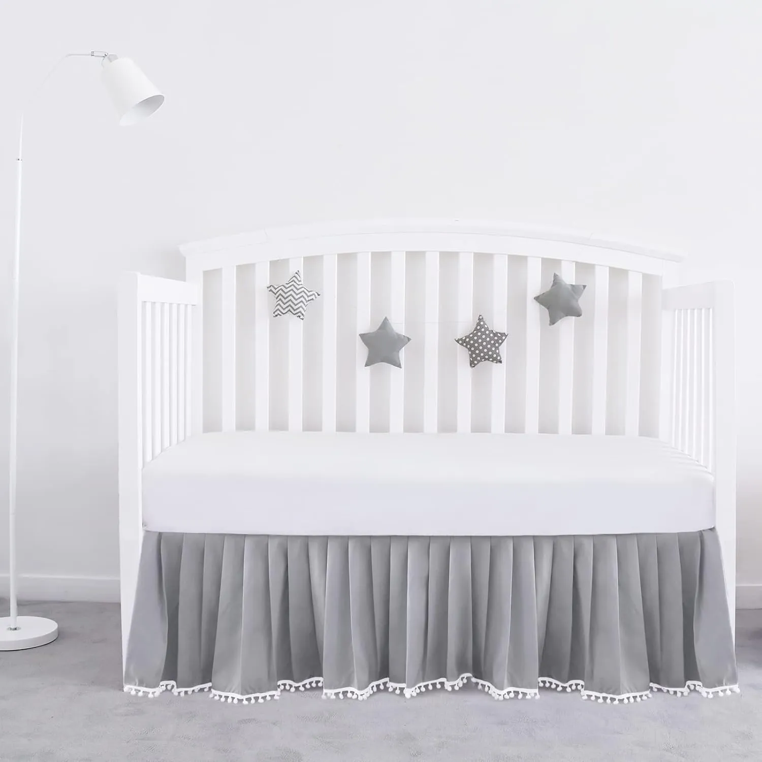 Crib Skirt - Dust Ruffle with Lovely Pompoms, 14" Drop, White (for Standard Crib/ Toddler Bed)