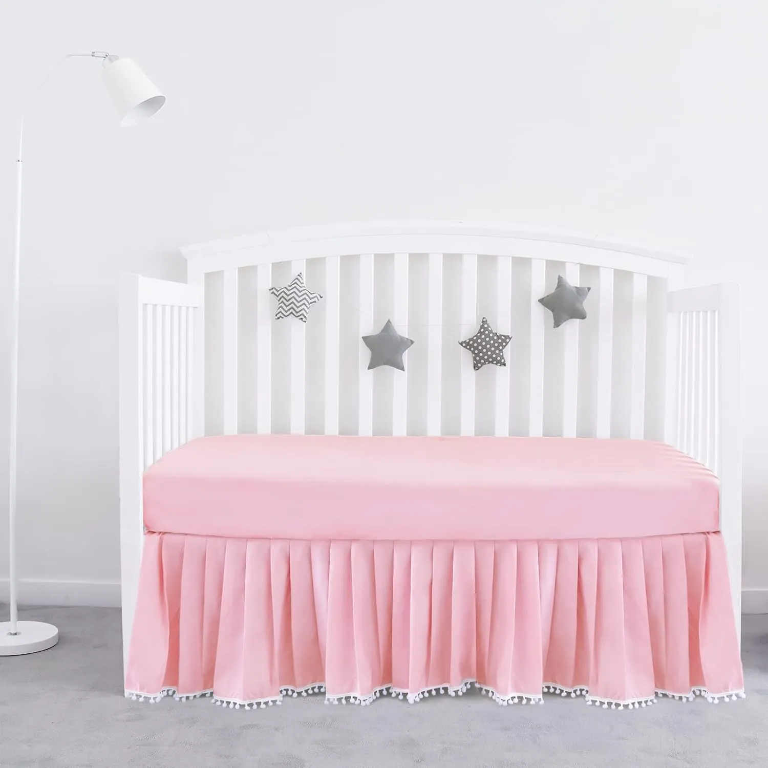 Crib Skirt - Dust Ruffle with Lovely Pompoms, 14" Drop, White (for Standard Crib/ Toddler Bed)