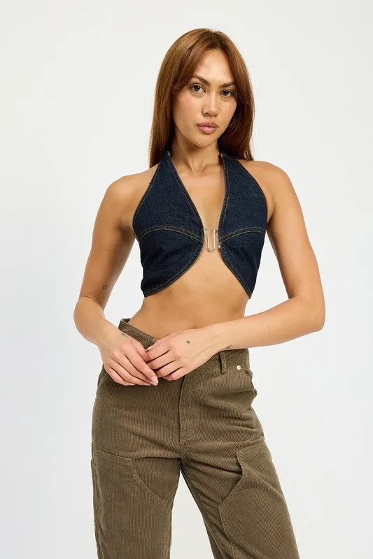 CROPPED HALTER DENIM TOP