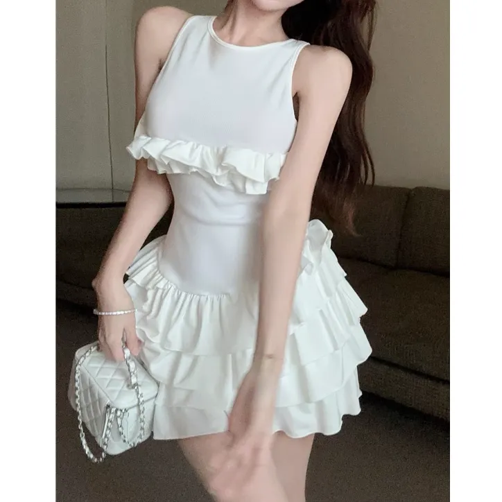 Cross Backless Ruffled Sleeveless White Dress