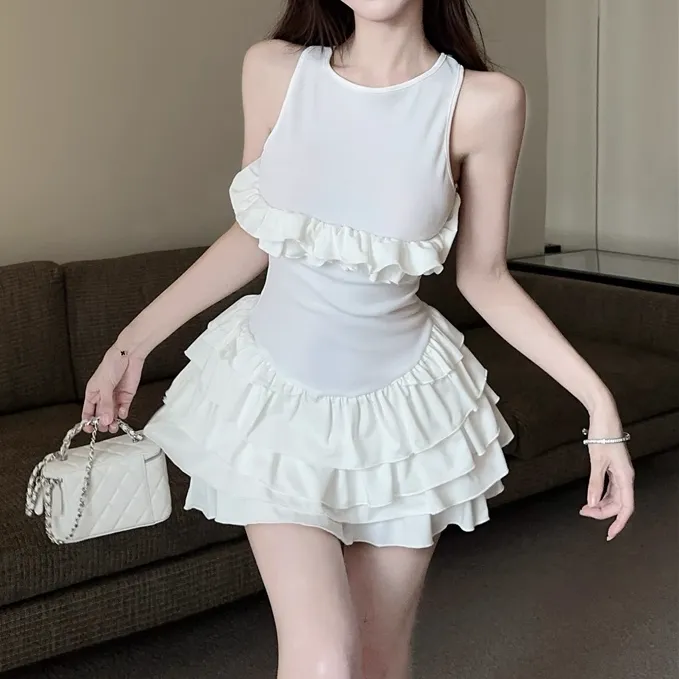 Cross Backless Ruffled Sleeveless White Dress