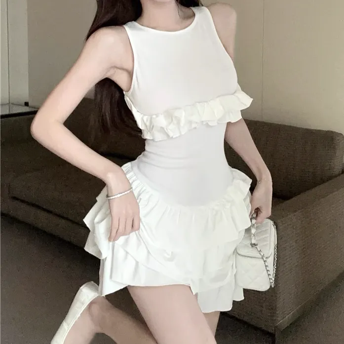 Cross Backless Ruffled Sleeveless White Dress