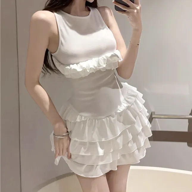 Cross Backless Ruffled Sleeveless White Dress