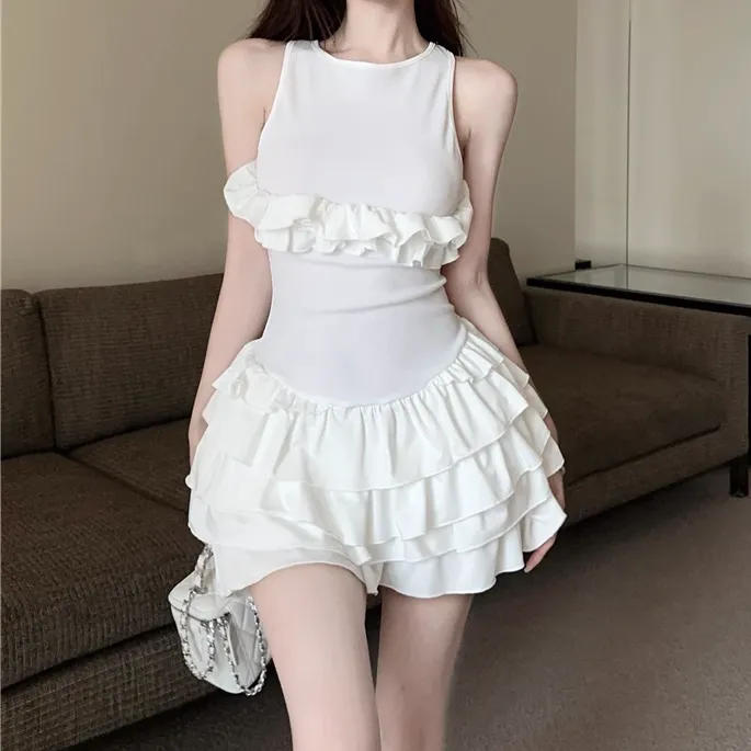 Cross Backless Ruffled Sleeveless White Dress