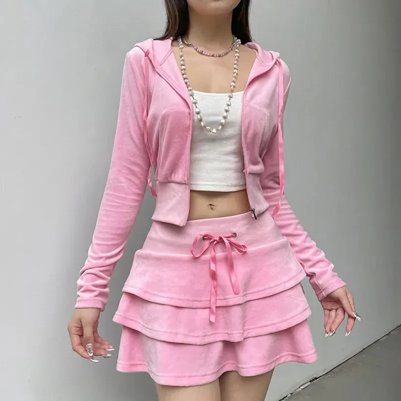 Cutecore Sweet Pink Velour Autumn Skirt Women Korean Shirring High Waist A-Line Skirts Mini Three-Layer Birthday