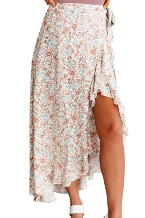 Daisy Print Wrap High Low Midi Skirt