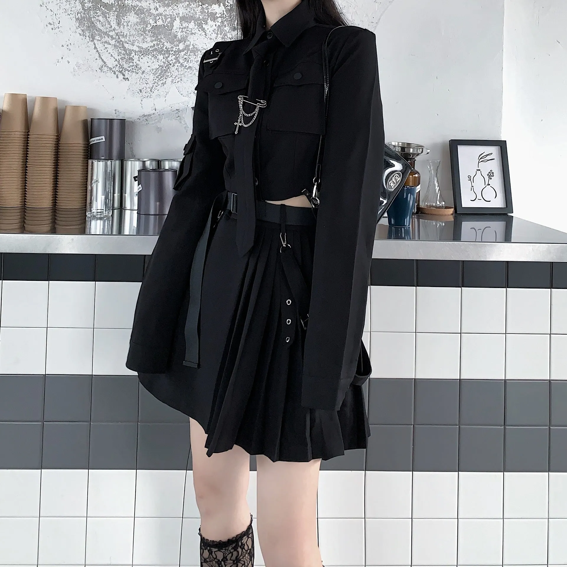 Dark Gothic Exposed Waist Skirt Suit