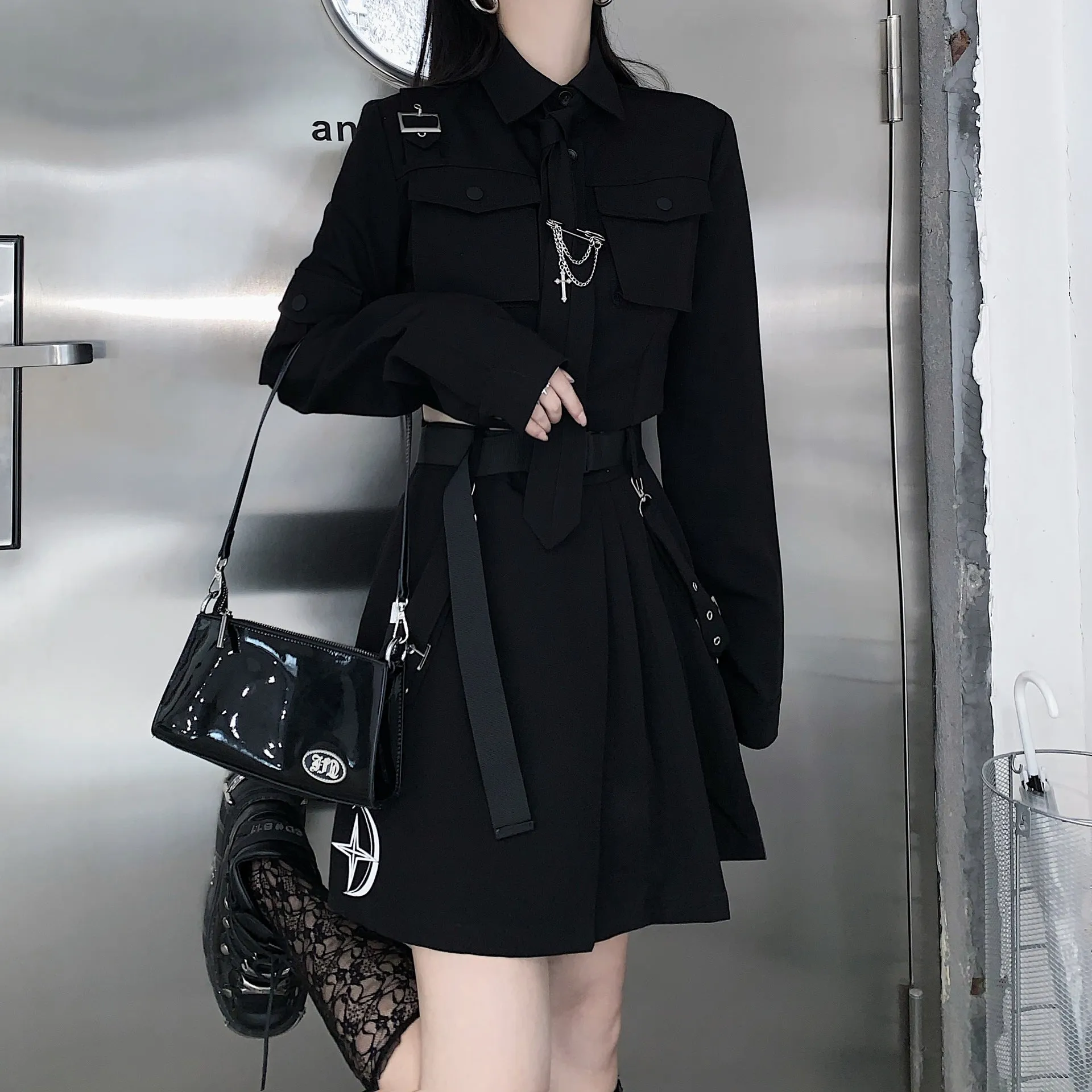 Dark Gothic Exposed Waist Skirt Suit