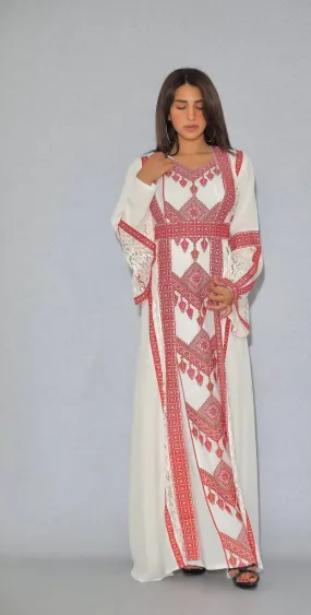 Elegant 2 Pieces White and Red Palestinian Embroidered Dress