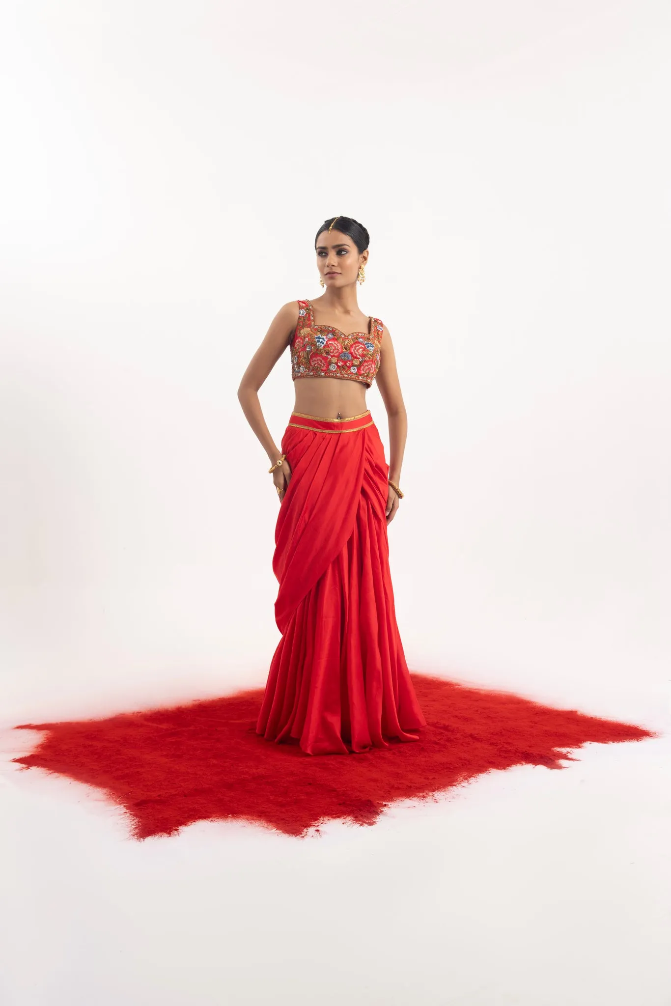 Elegant 3-Piece Set Featuring A Red Cotton Silk Draped Skirt Set