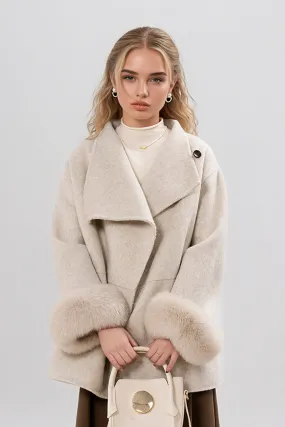 Elegant Double-Faced Wool Coat with Real Fox Fur Cuffs