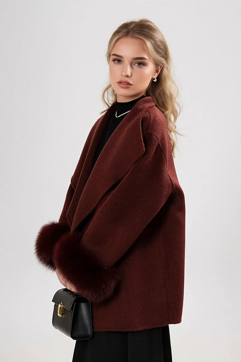 Elegant Double-Faced Wool Coat with Real Fox Fur Cuffs