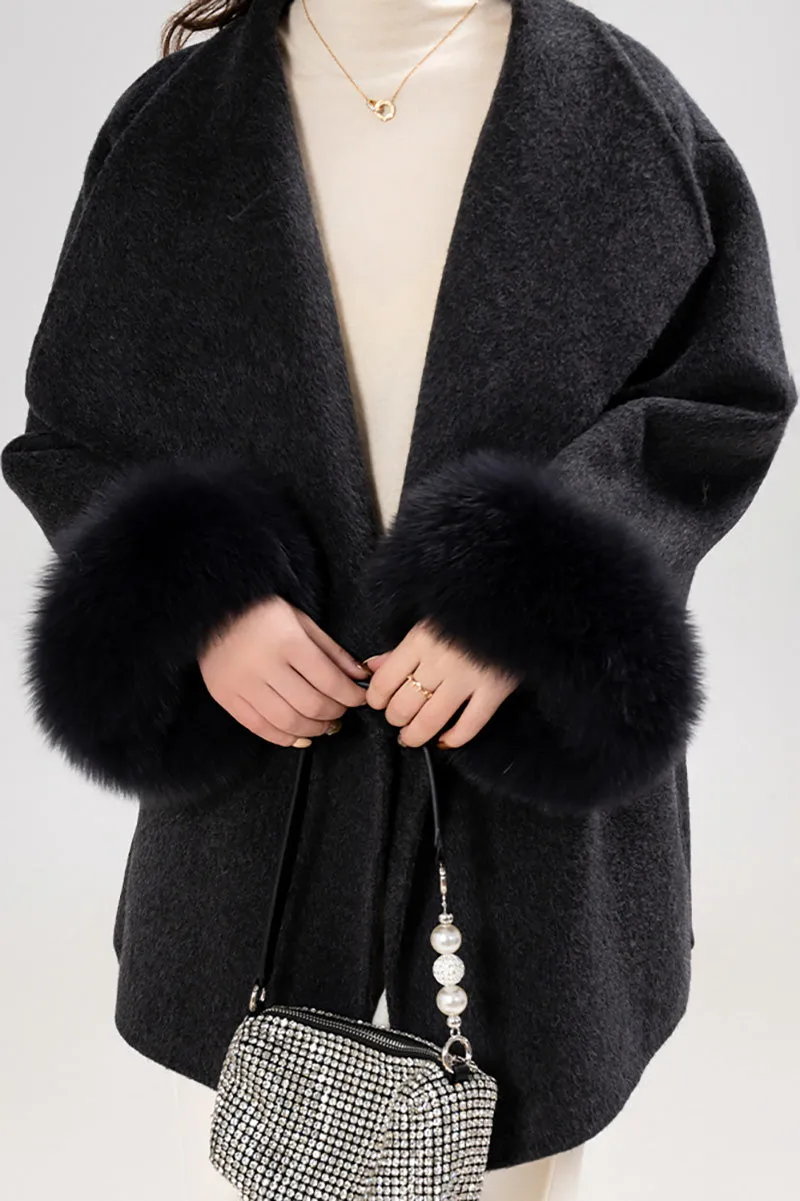 Elegant Double-Faced Wool Coat with Real Fox Fur Cuffs