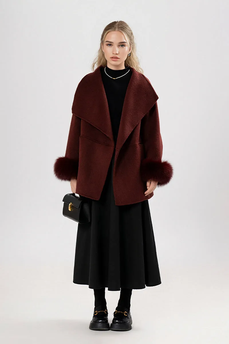 Elegant Double-Faced Wool Coat with Real Fox Fur Cuffs