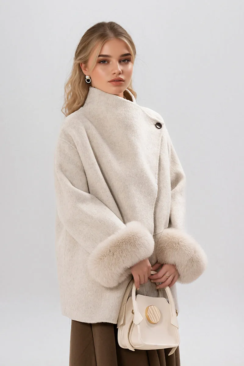 Elegant Double-Faced Wool Coat with Real Fox Fur Cuffs