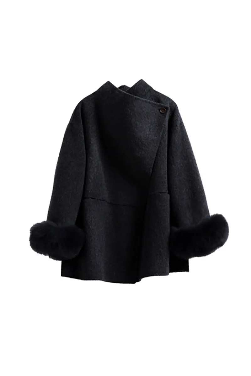 Elegant Double-Faced Wool Coat with Real Fox Fur Cuffs