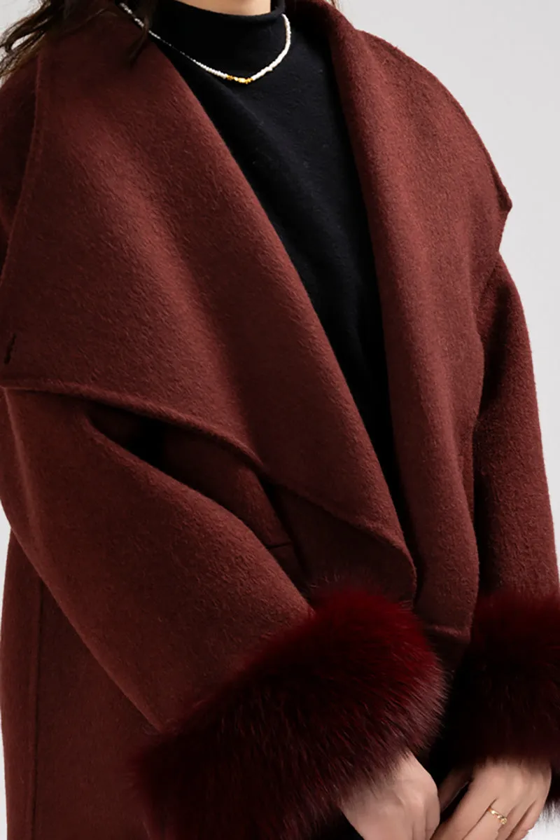 Elegant Double-Faced Wool Coat with Real Fox Fur Cuffs