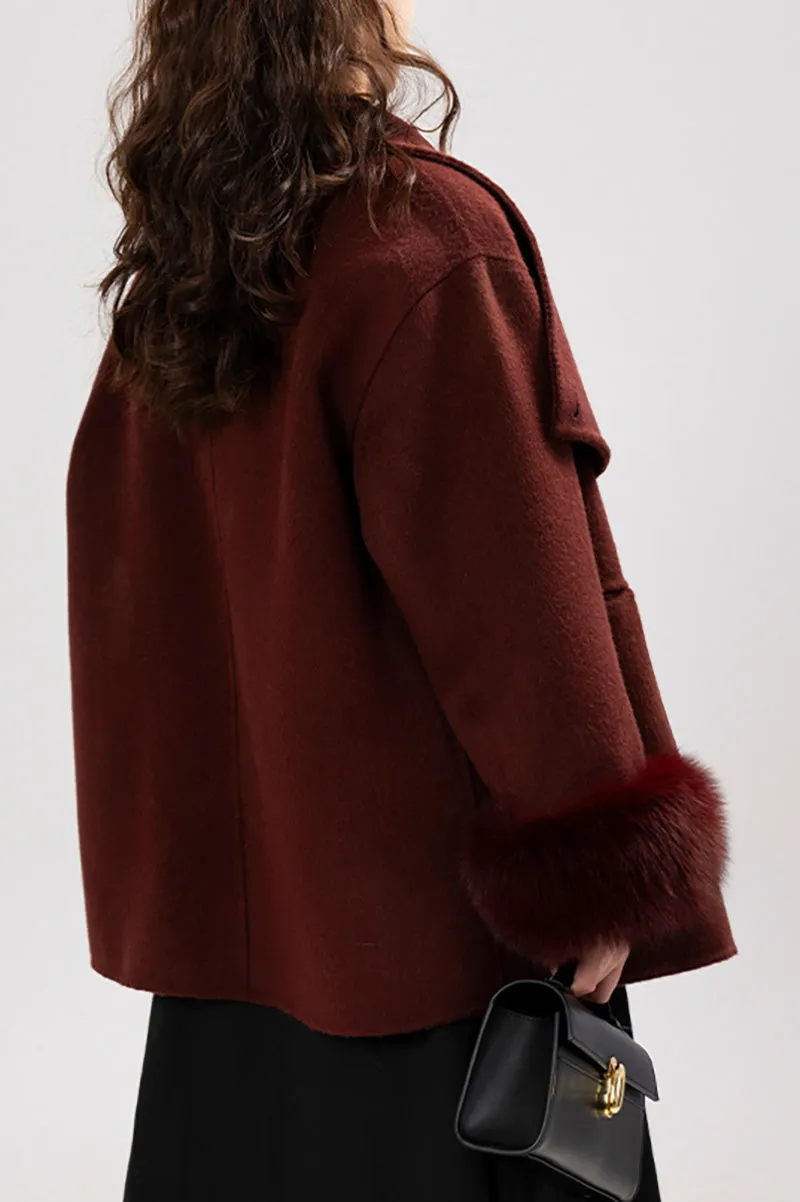 Elegant Double-Faced Wool Coat with Real Fox Fur Cuffs