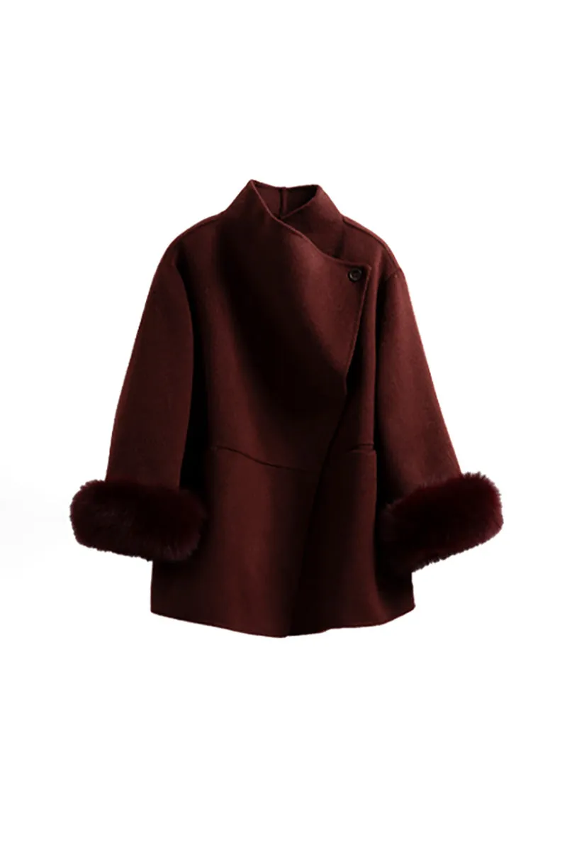 Elegant Double-Faced Wool Coat with Real Fox Fur Cuffs