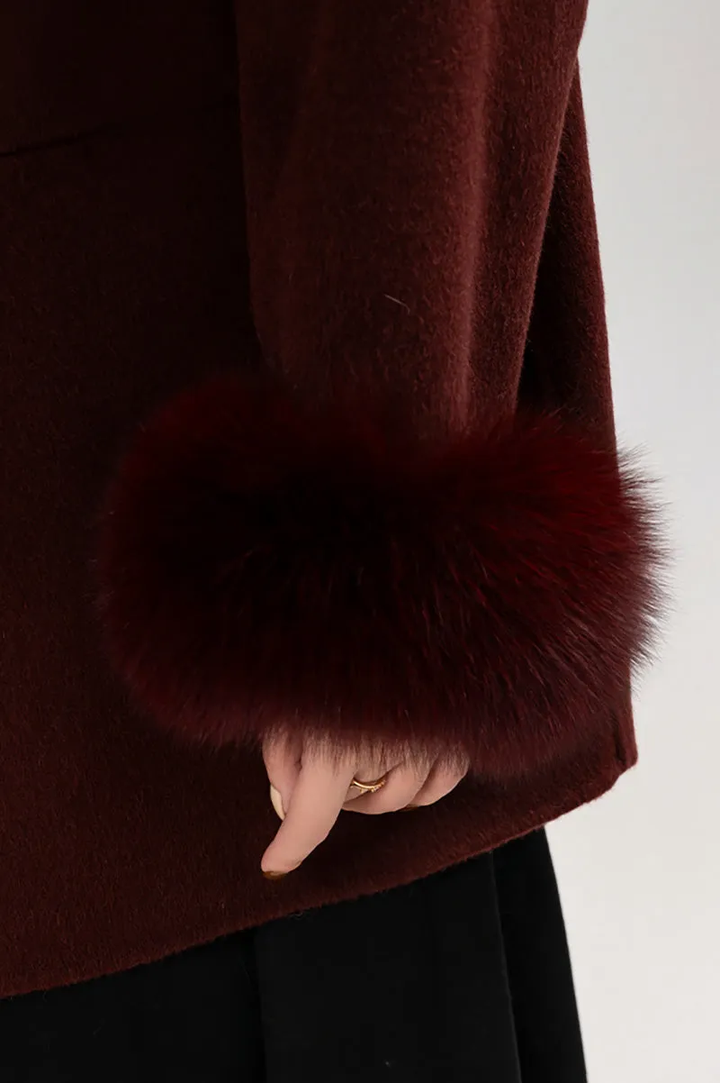 Elegant Double-Faced Wool Coat with Real Fox Fur Cuffs