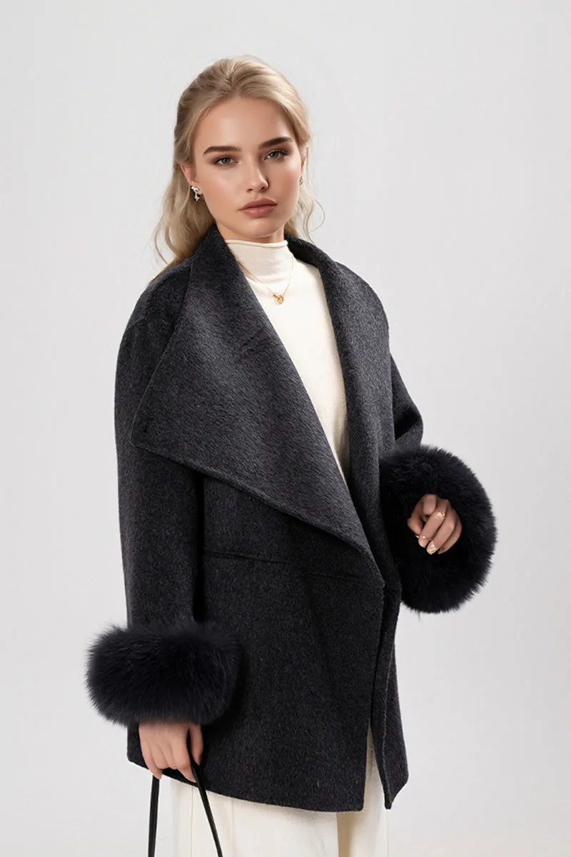 Elegant Double-Faced Wool Coat with Real Fox Fur Cuffs