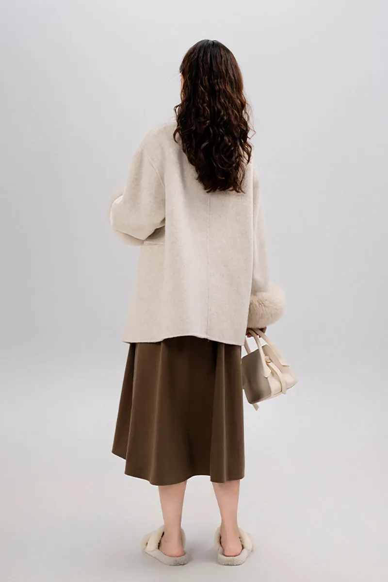 Elegant Double-Faced Wool Coat with Real Fox Fur Cuffs