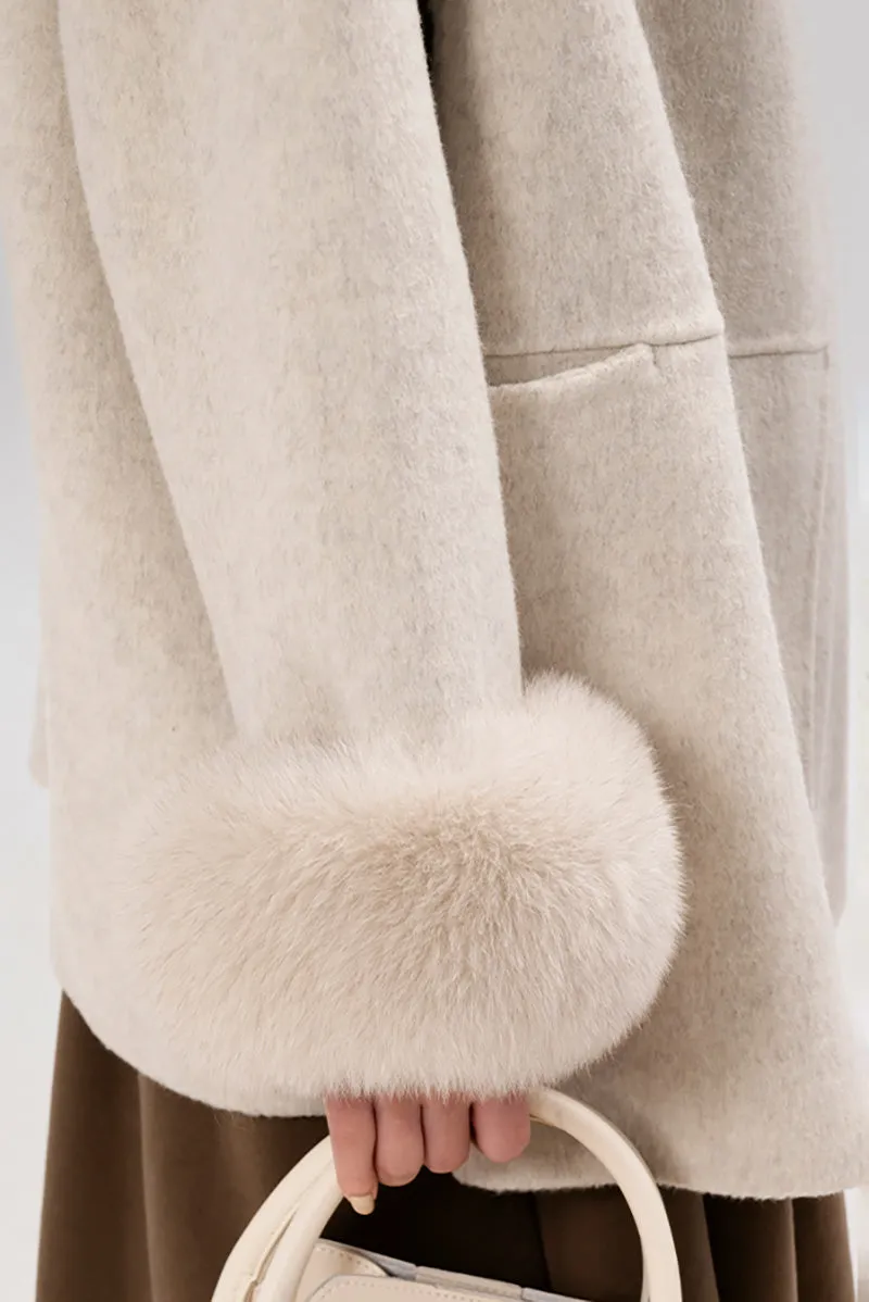 Elegant Double-Faced Wool Coat with Real Fox Fur Cuffs