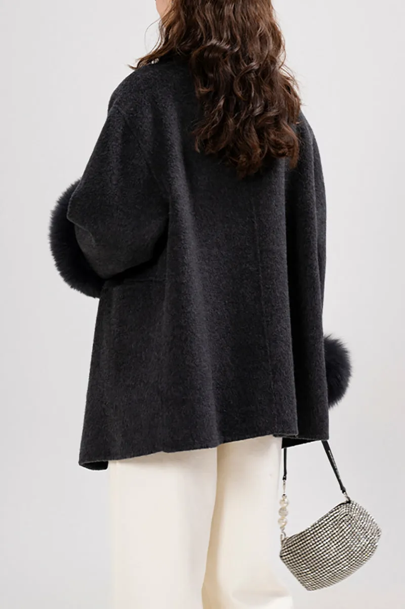 Elegant Double-Faced Wool Coat with Real Fox Fur Cuffs